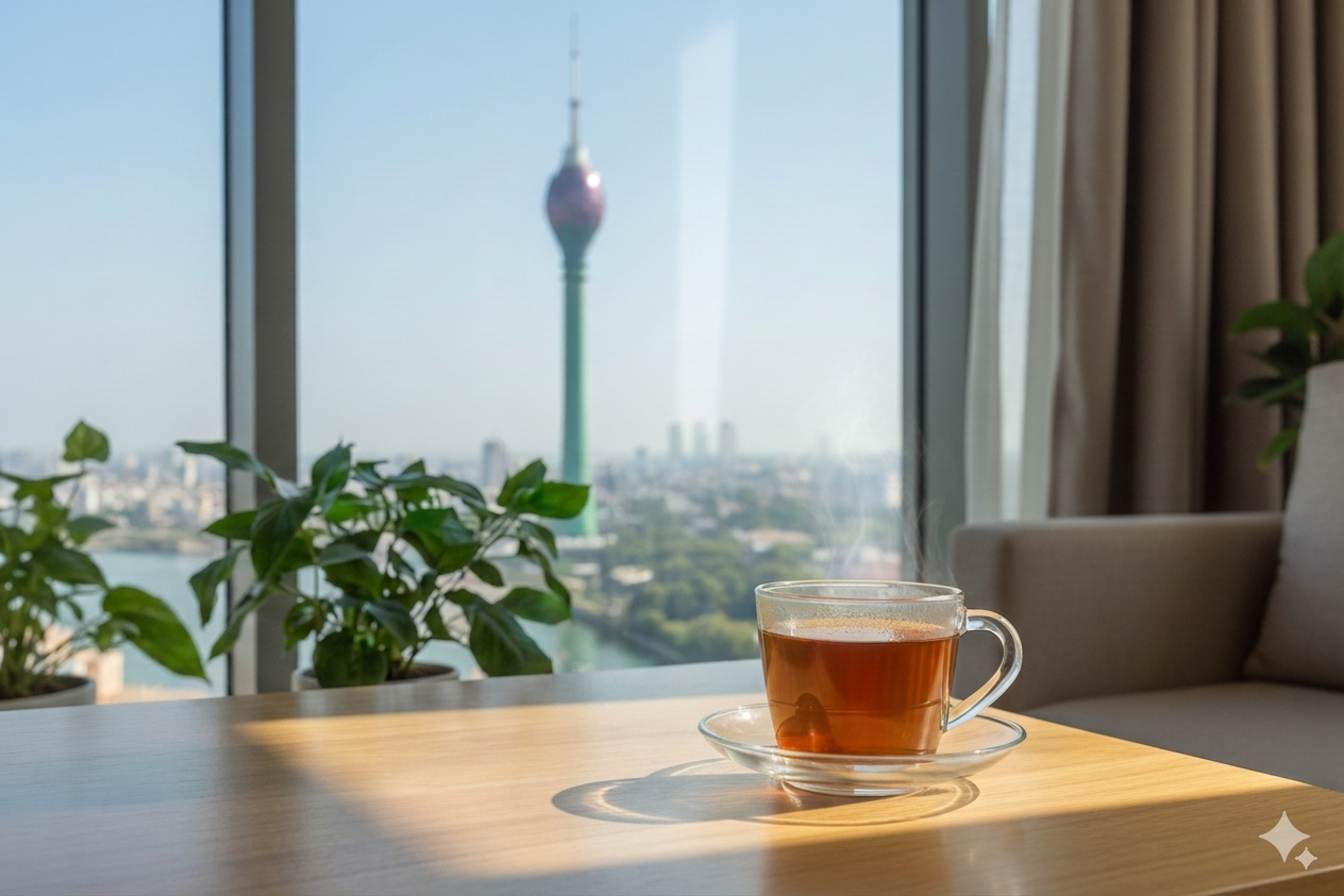 A cup of Ceylon tea by a window overlooking Colombo Lotus Tower